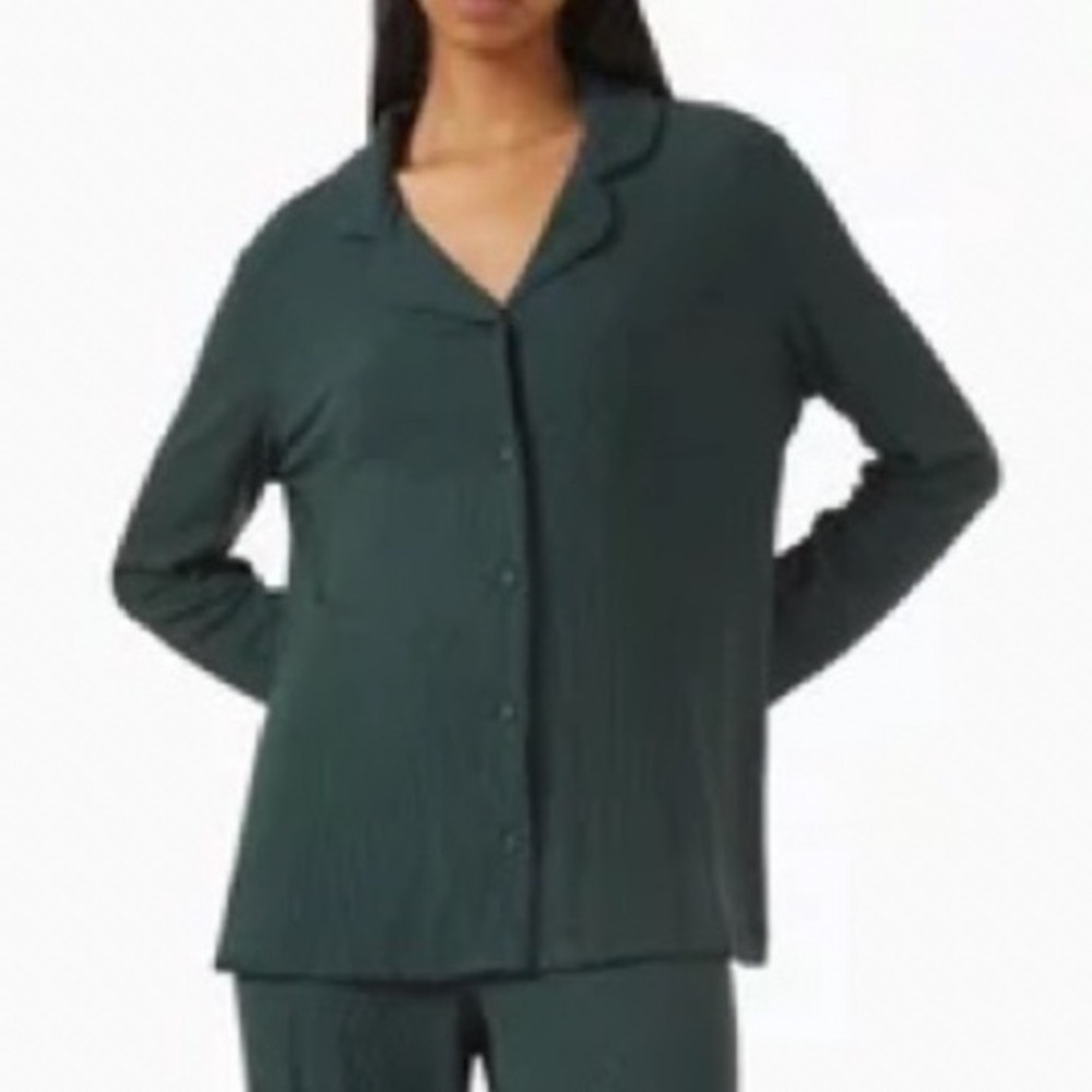 Skims Women 2X Pine Green Ribbed Long Sleeve Pajama Top Button Down Sleep Shirt